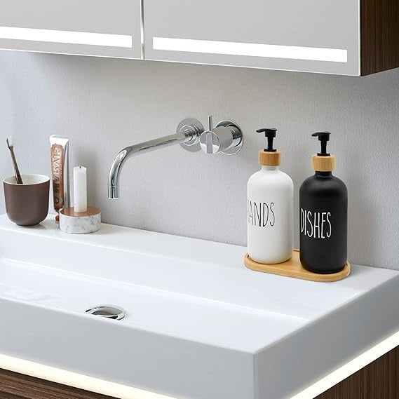 Luxury Hand & Dish Glass Dispenser Set (Wooden Base)