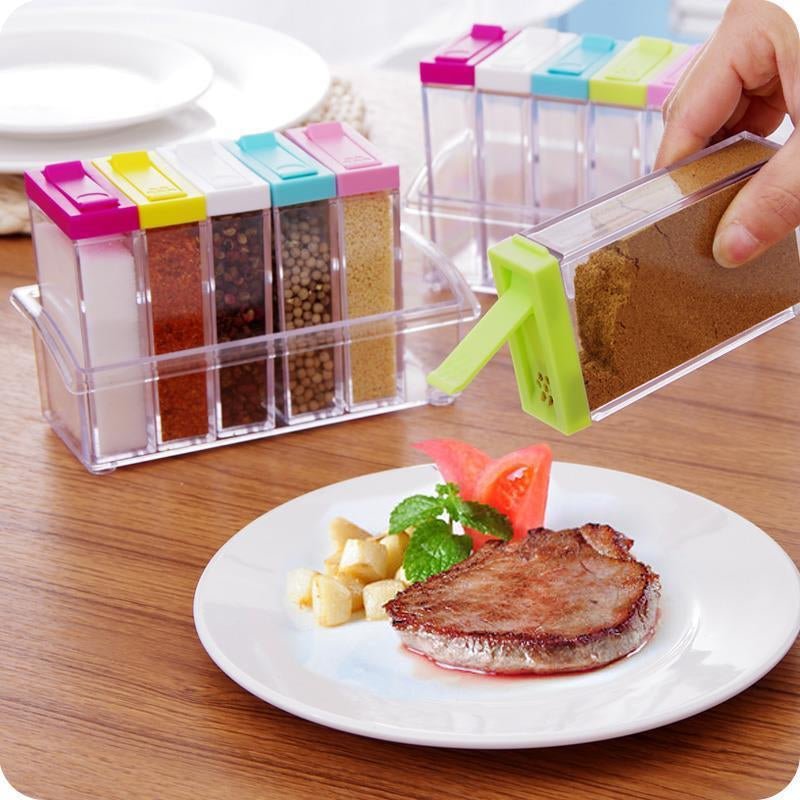 6Pcs Spice Jar Set Home Storage Container with Tray Rack. - Duvera
