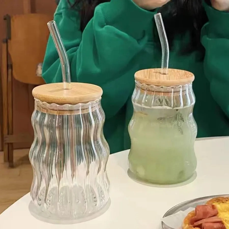 Curved Glass Cups With Wooden Lid and Straw
