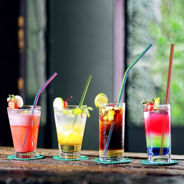 4PCs Rainbow Steel Straw With Cleaning Brush