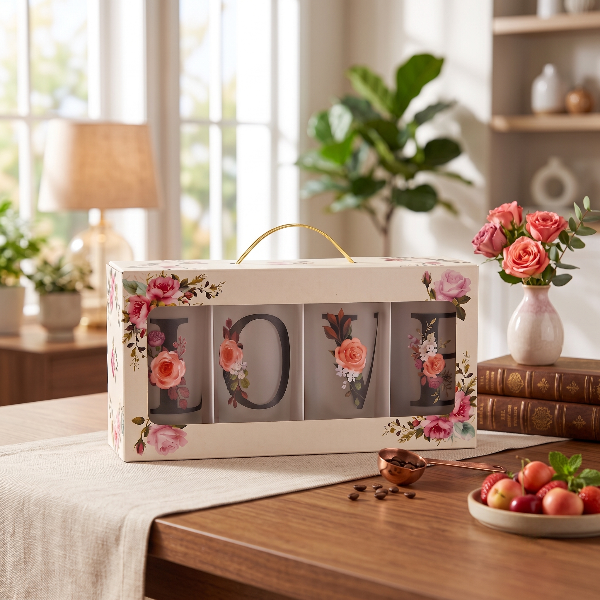 4PCs Love Floral Glass Mug With Wooden Lid