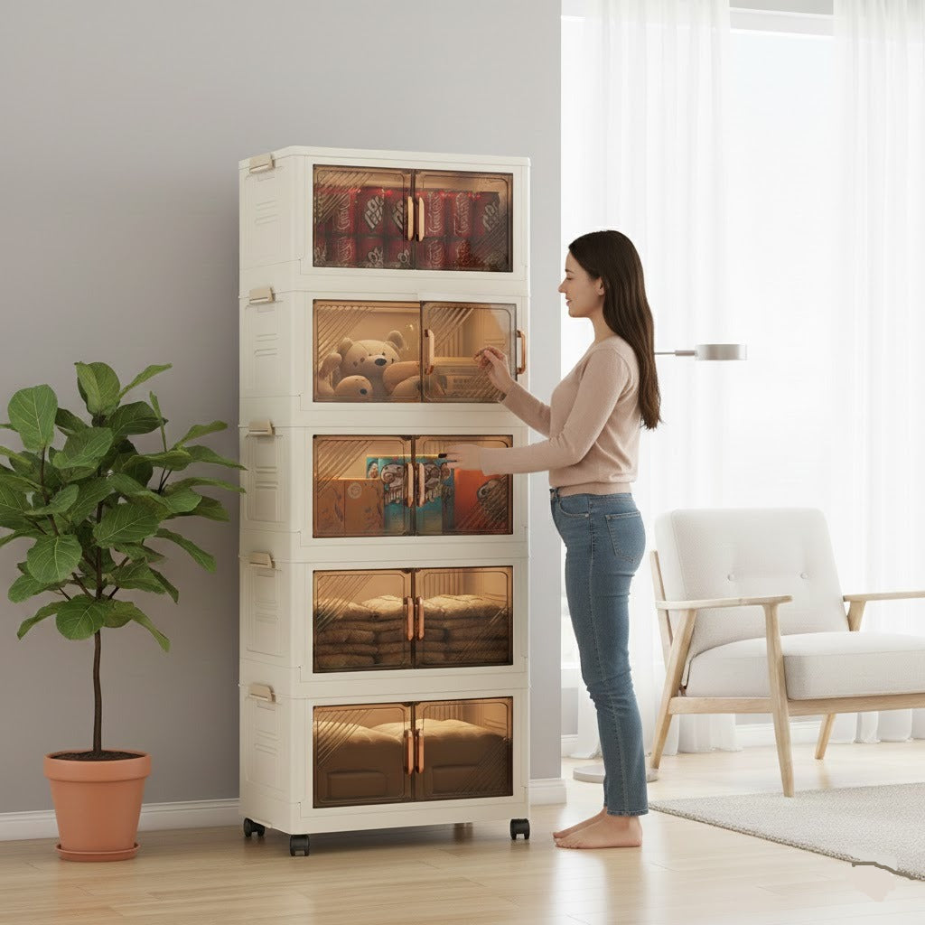 Multipurpose Storage Cabinet with Transparent Doors & Movable Wheels