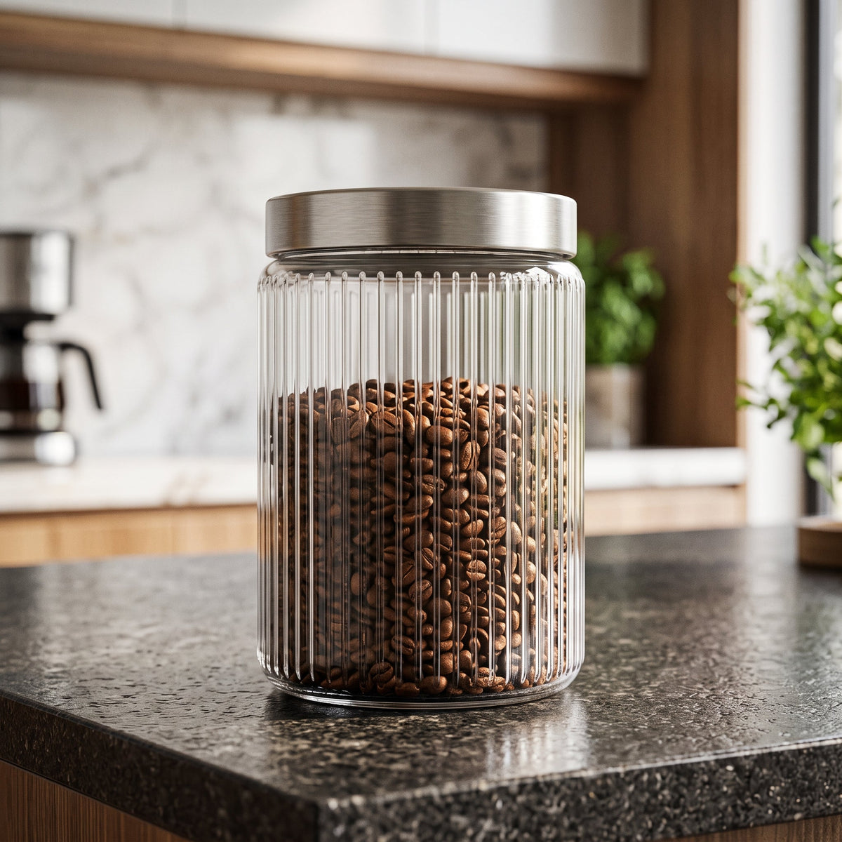 Elegant Transparent Ribbed Glass Storage Jar 1.22L