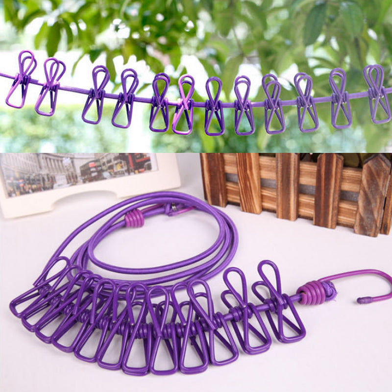 Elastic Clothes Hanging Rope With 12 Clips