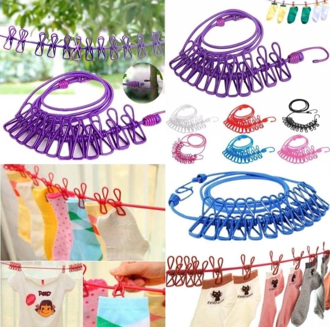 Elastic Clothes Hanging Rope With 12 Clips