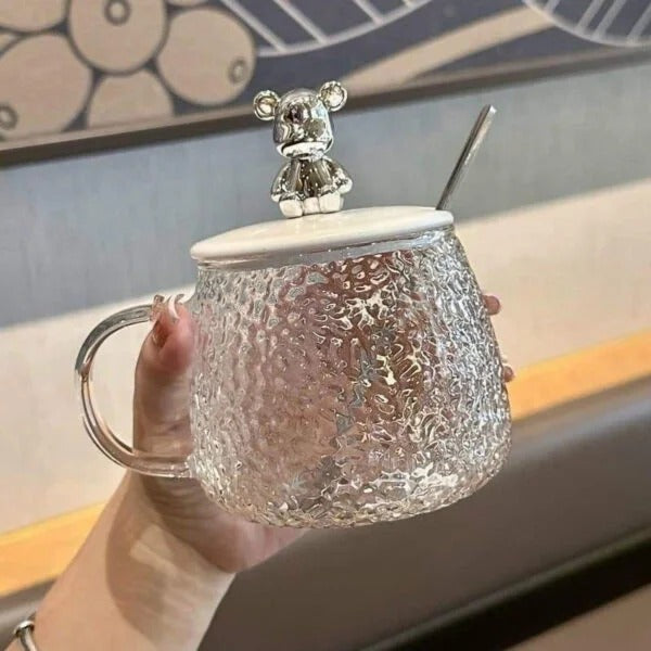 Bear Glass Cup With Lid & Spoon
