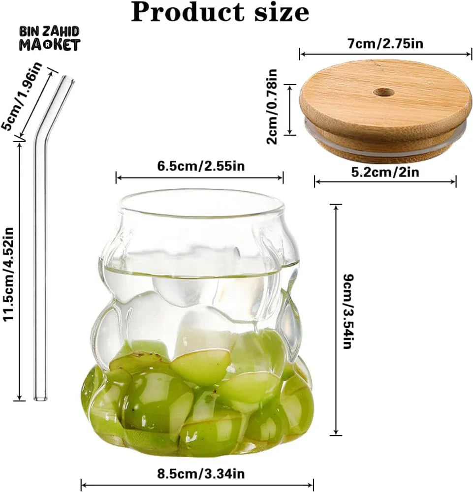 Bubble Glass Cup With Bamboo Lid & Straw