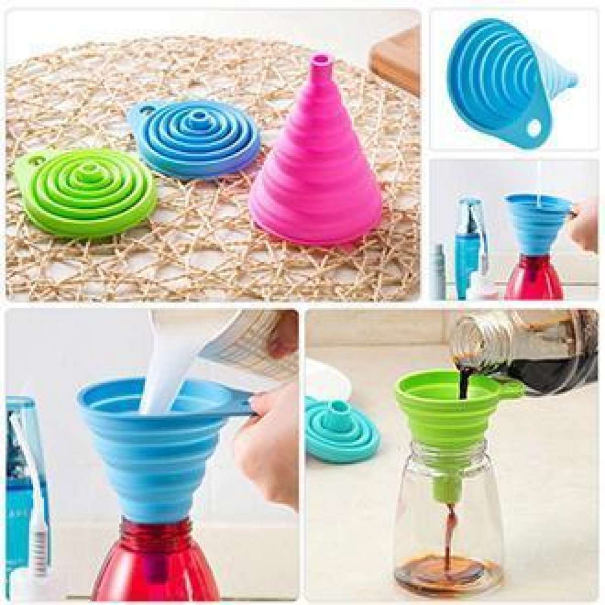 Pack Of 2 - Foldable and Collapsible Silicone Funnel - Duvera