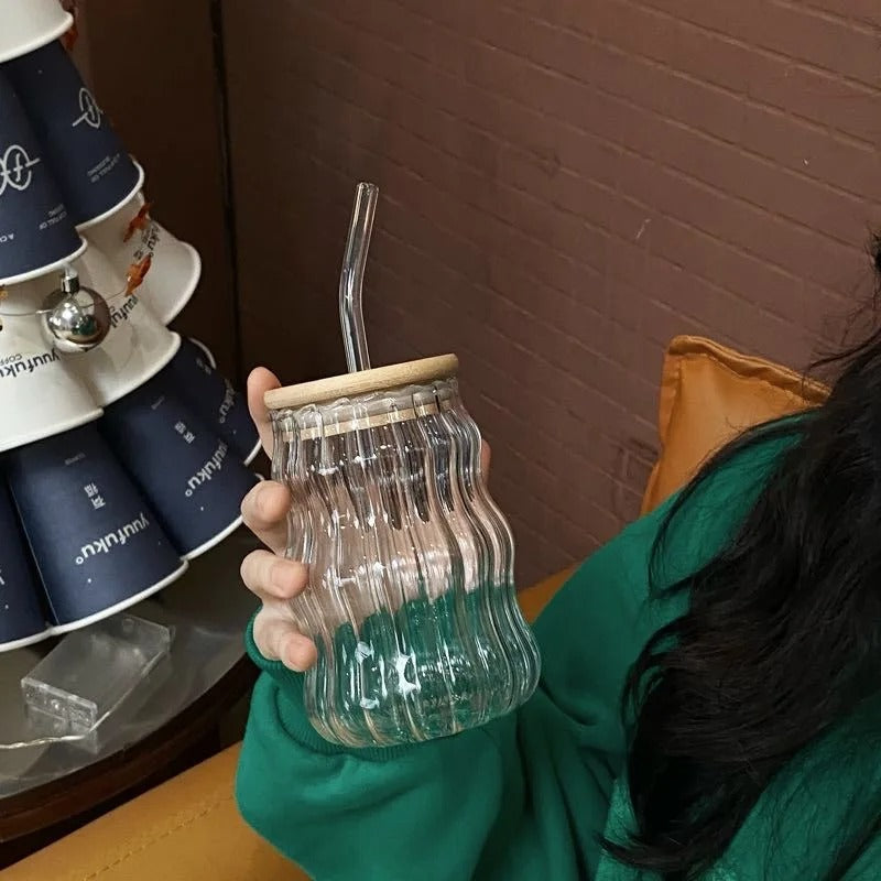 Curved Glass Cups With Wooden Lid and Straw