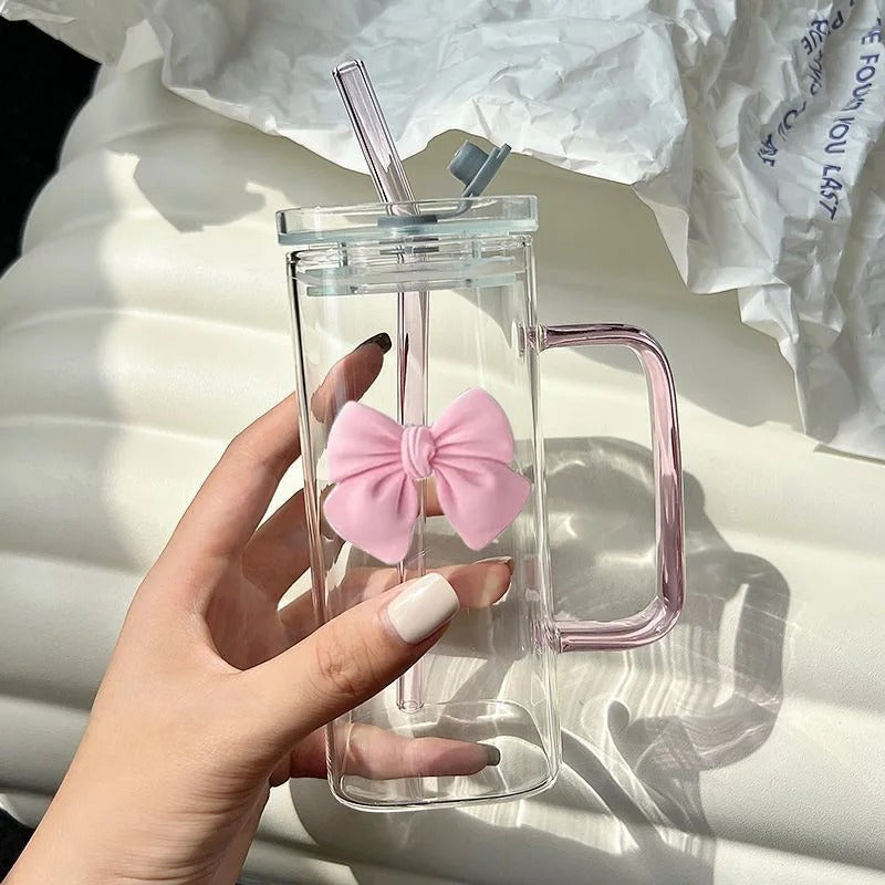 Square Glass Square Mug with Lid & Straw