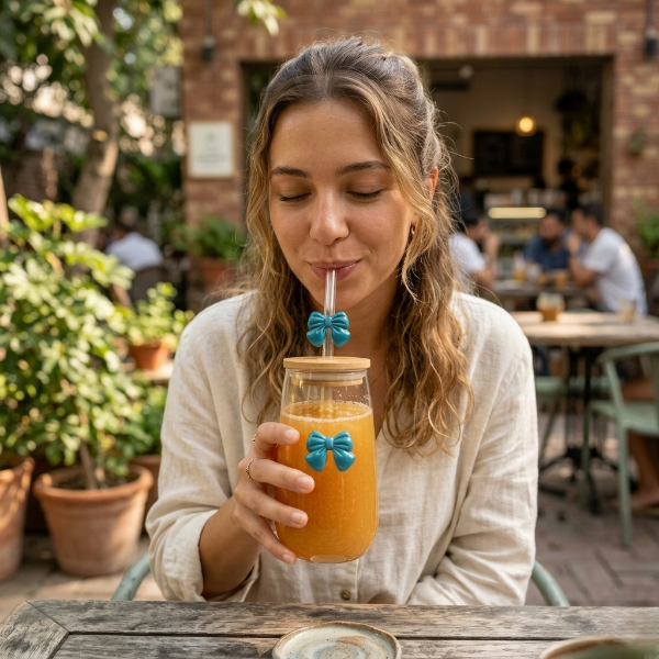 Glass Bow Straw Smoothie Bamboo Lid Cup