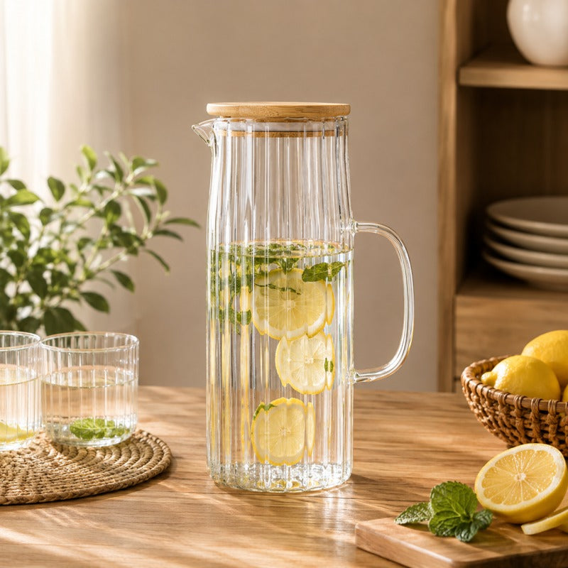 Elegant Ribbed Glass Jug With Wooden Lid  1.1L