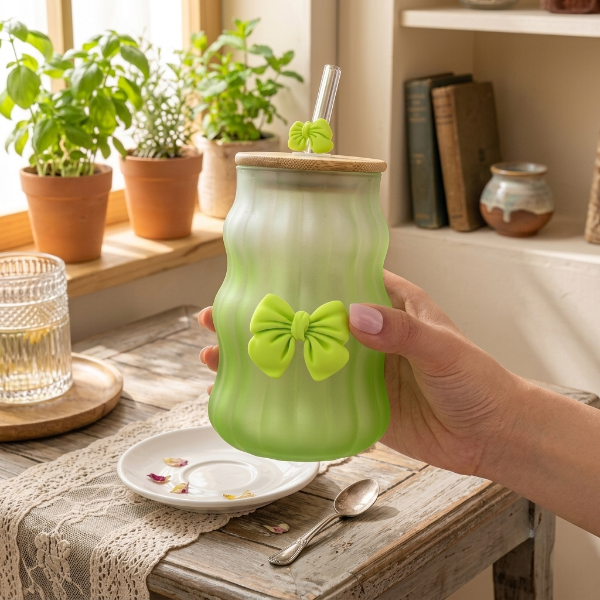 4PCs Frosted Glass with Wooden Lid