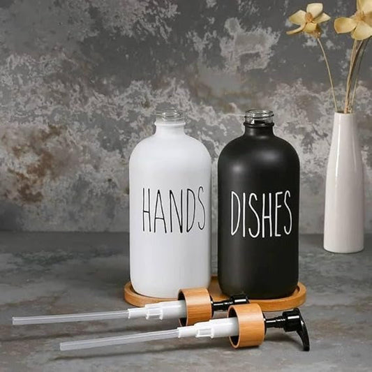 Luxury Hand & Dish Glass Dispenser Set (Wooden Base)