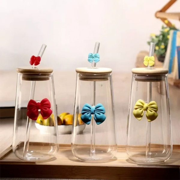 Glass Bow Straw Smoothie Bamboo Lid Cup