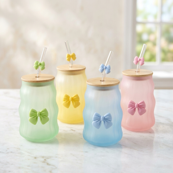 4PCs Frosted Glass with Wooden Lid