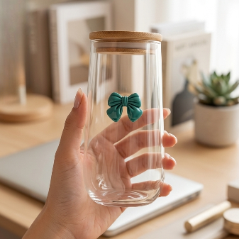 Glass Bow Straw Smoothie Bamboo Lid Cup