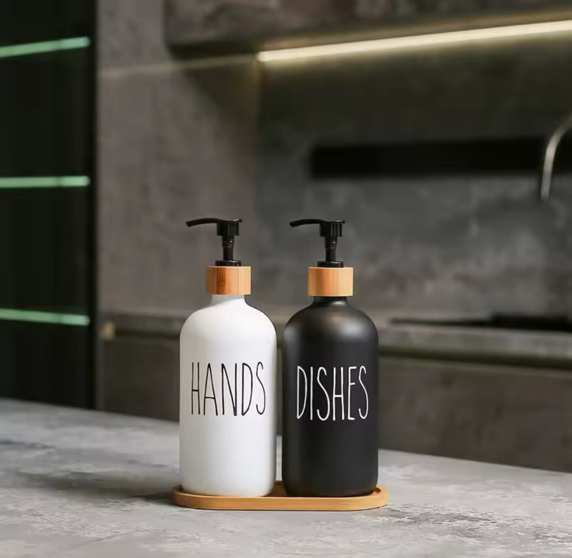 Luxury Hand & Dish Glass Dispenser Set (Wooden Base)