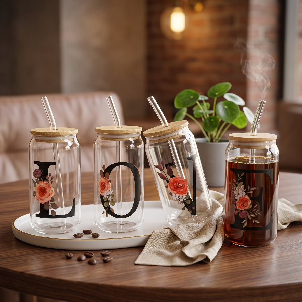 4PCs Love Floral Glass Mug With Wooden Lid