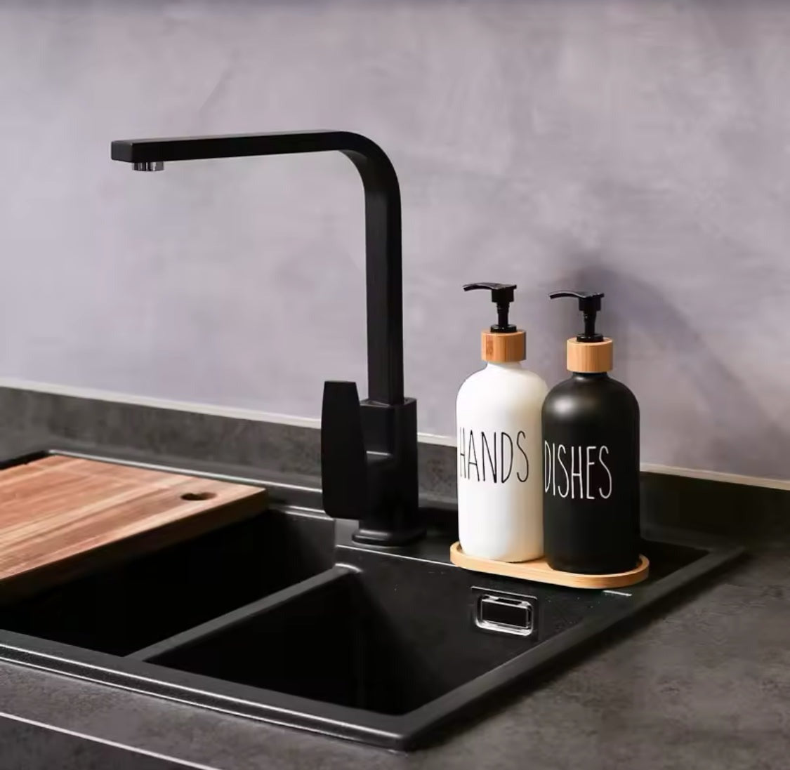 Luxury Hand & Dish Glass Dispenser Set (Wooden Base)