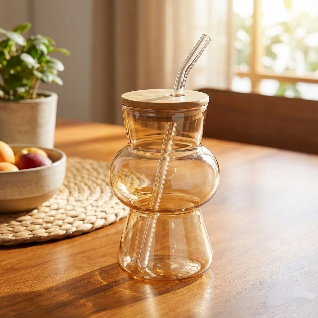 Glass Golden Cup With Wooden Lid and Straw