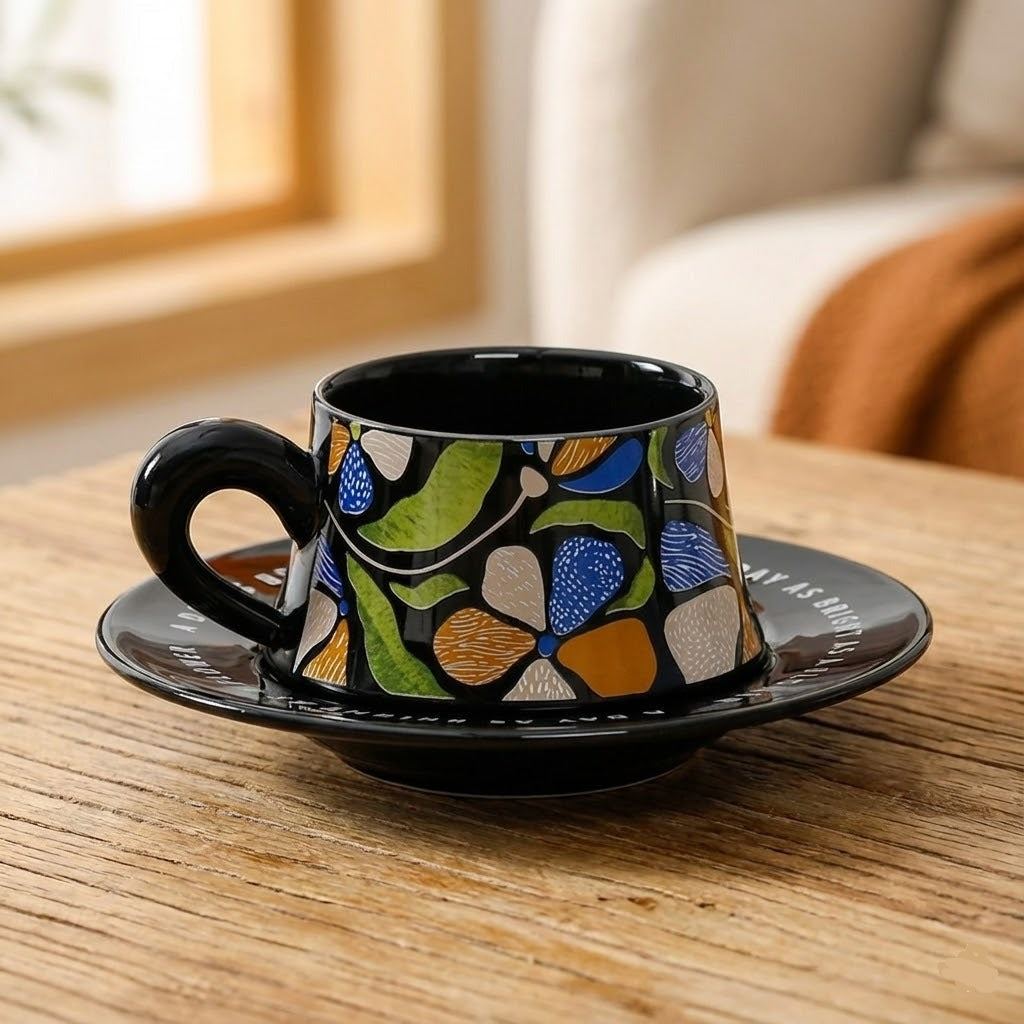 Flower Ceramic Coffee Mug with Saucer Plate