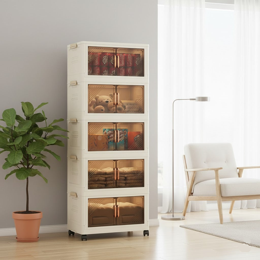 Multipurpose Storage Cabinet with Transparent Doors & Movable Wheels