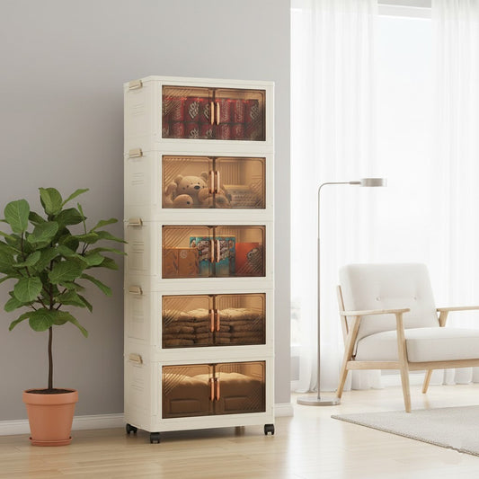 Multipurpose Storage Cabinet with Transparent Doors & Movable Wheels