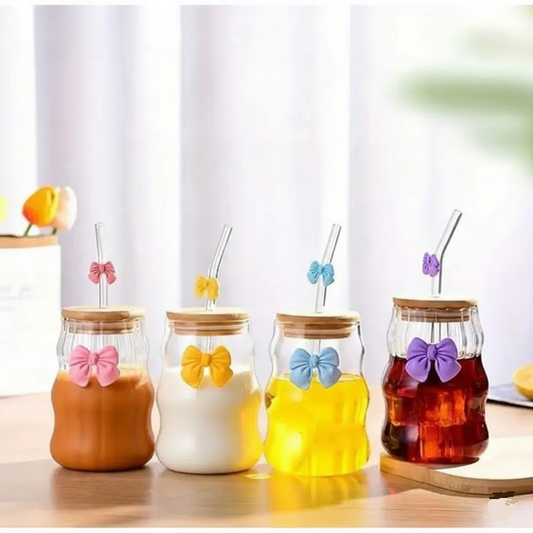 4PCs Glass Cup With Wooden Lid and Straw