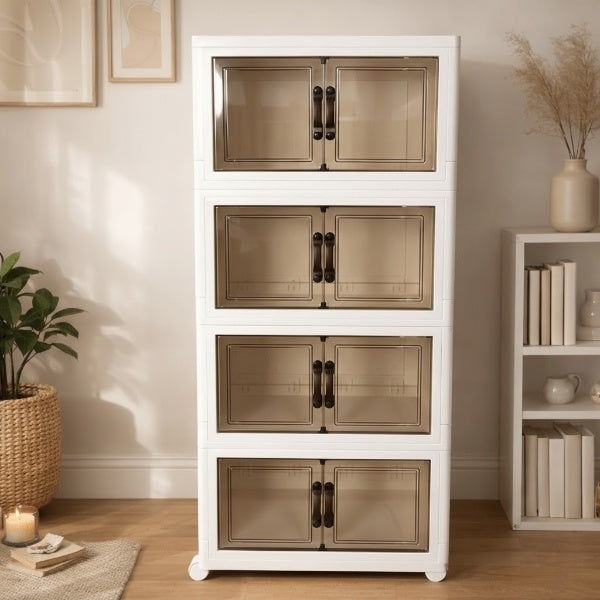 Multipurpose Storage Cabinet with Transparent Doors & Movable Wheels