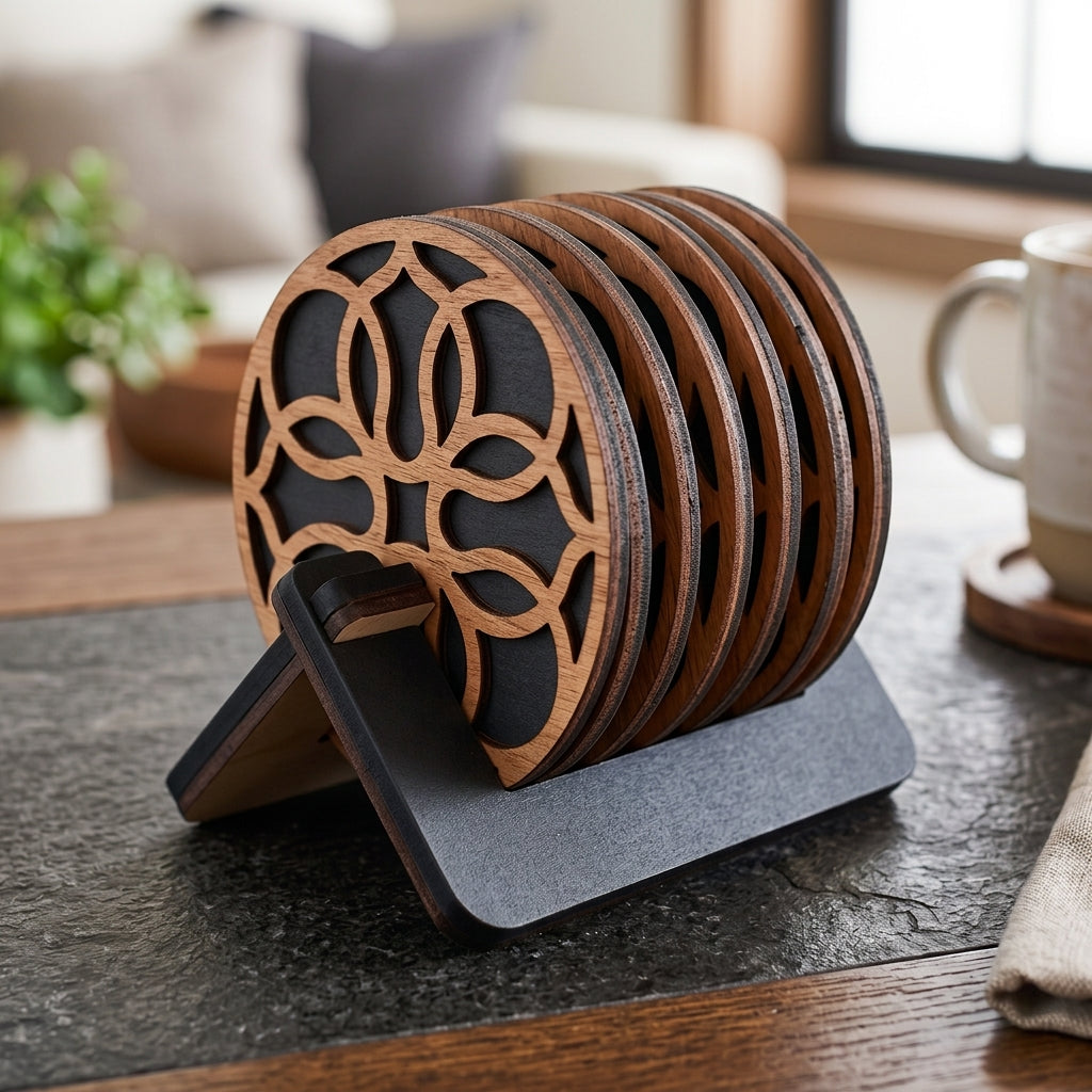 6PCs Laser-Cut Wooden Coaster Set