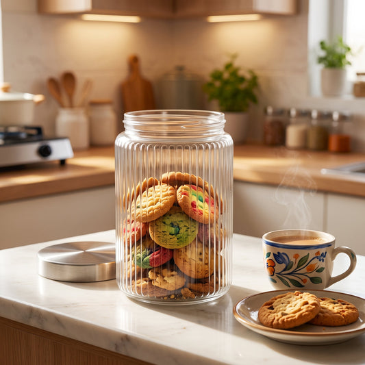 Elegant Transparent Ribbed Glass Storage Jar 1.22L