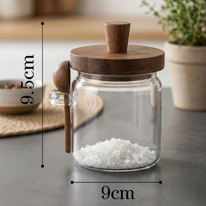 Elegant Glass Storage Jar With Wooden Lid & Spoon