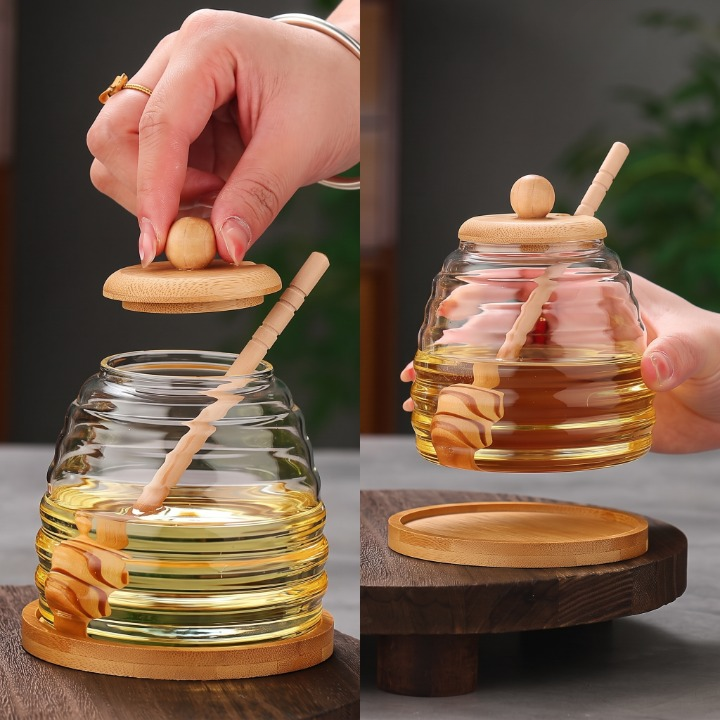 Glass Honey Jar With Wooden Lid & Dipper