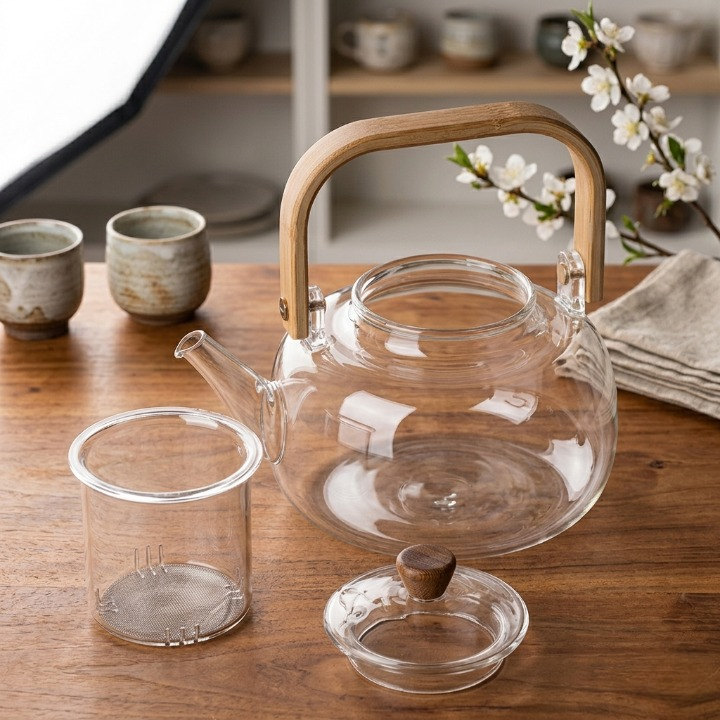 Elegant Glass Tea Kettle with Wooden Handle