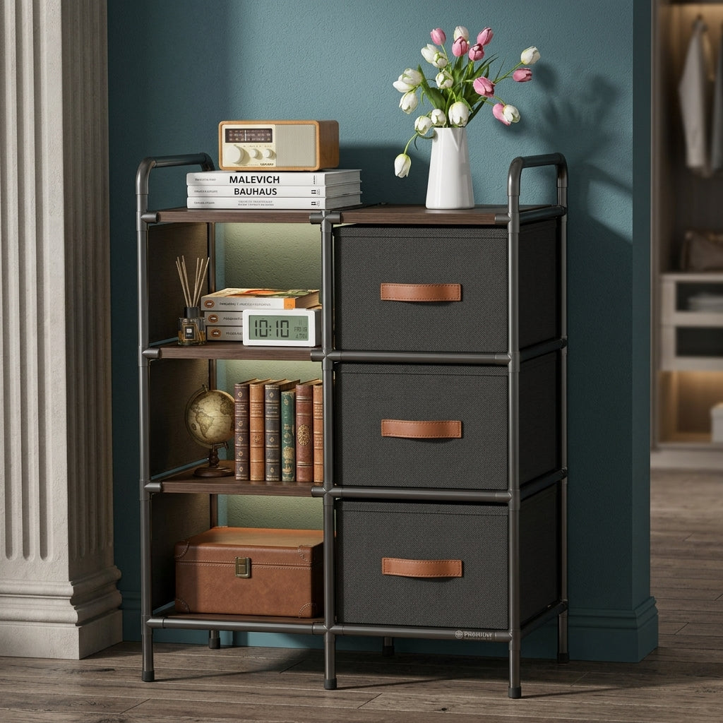 3-Drawer Fabric Storage With Side Shelves