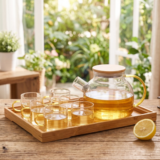 8PCs Glass Tea Kettle Set With Wooden Tray