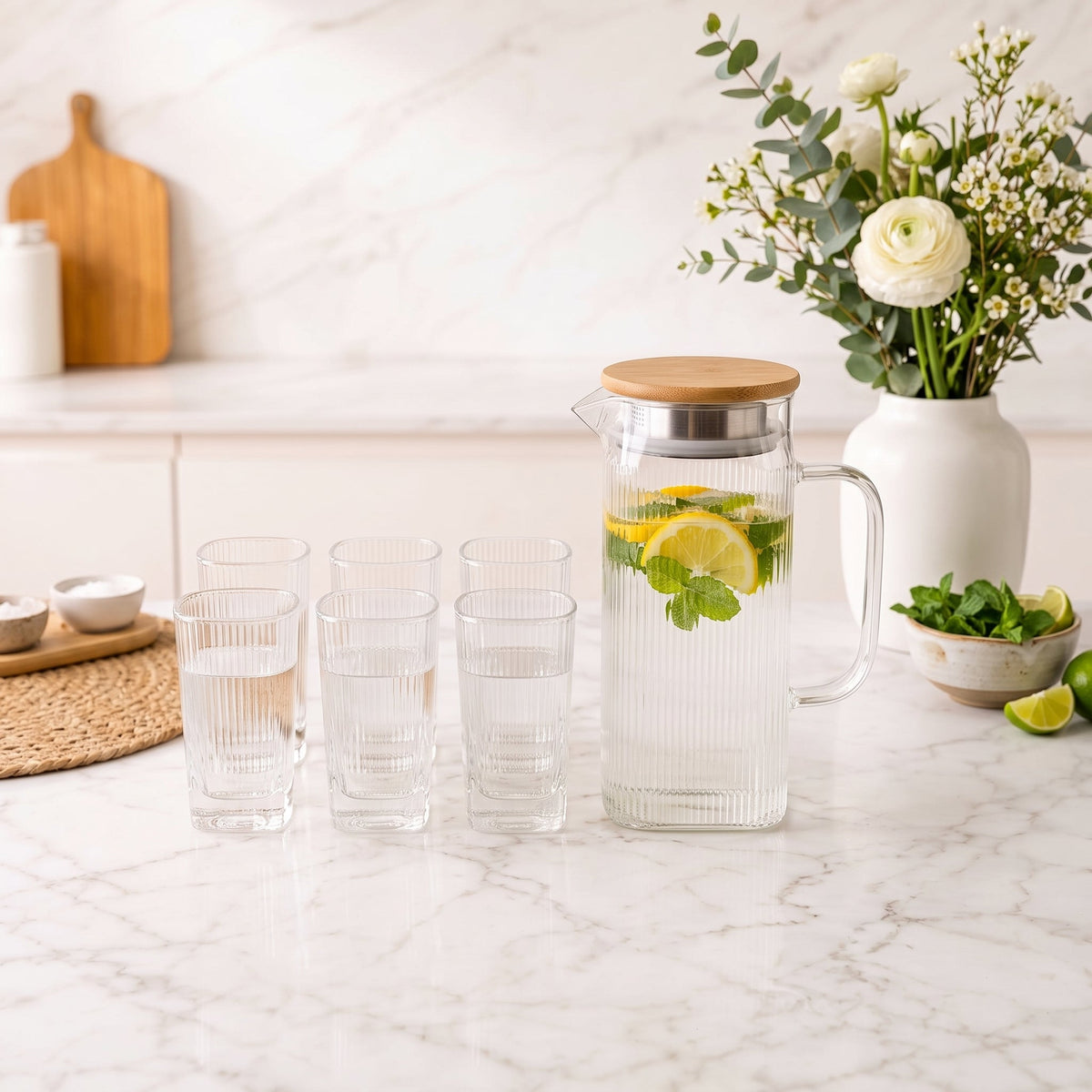7PCs Ribbed Glass Water Jug Set