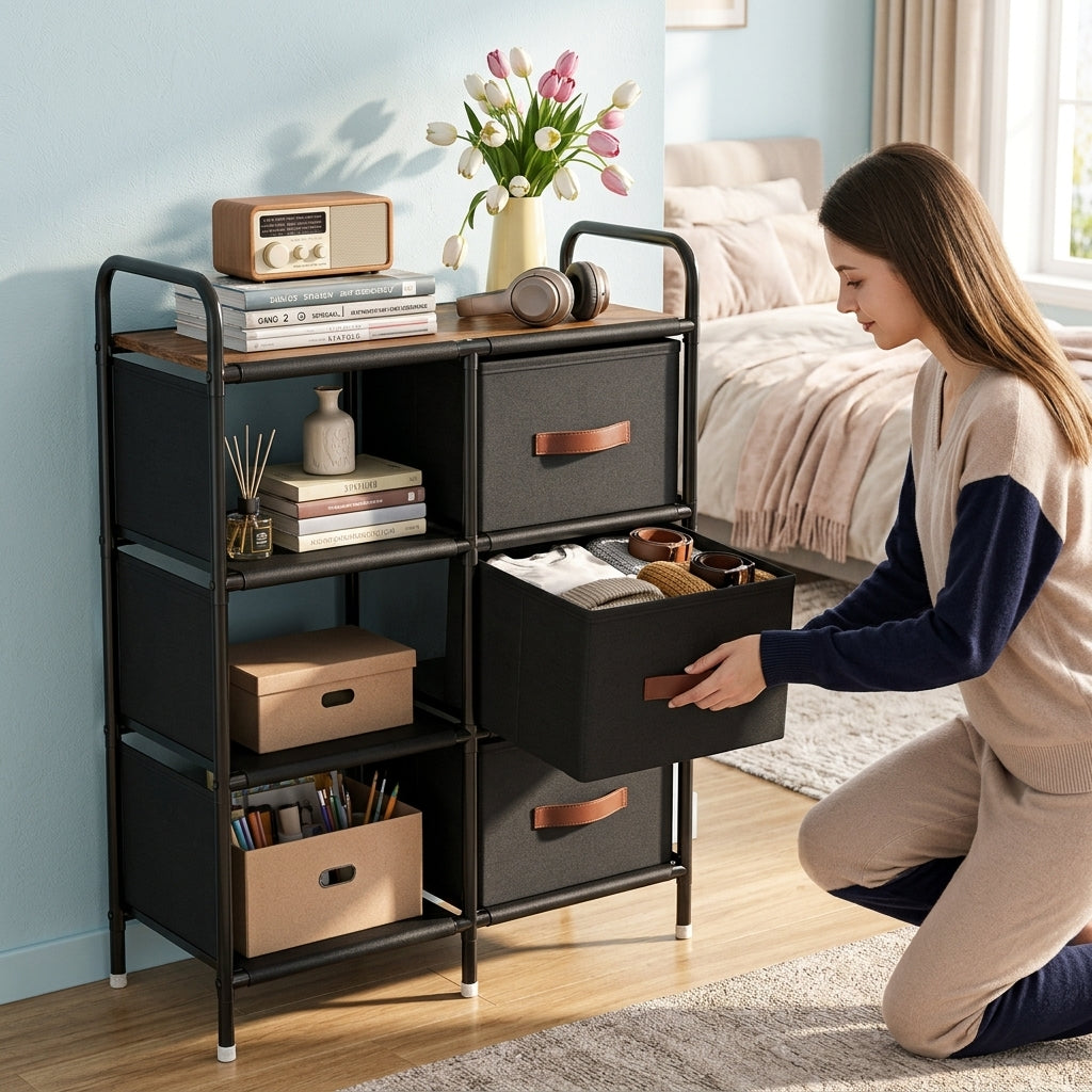 3-Drawer Fabric Storage With Side Shelves