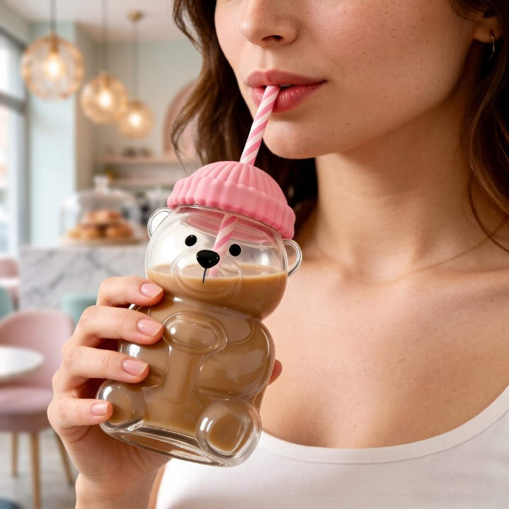 Cute Bear Glass Cup With Straw & Lid