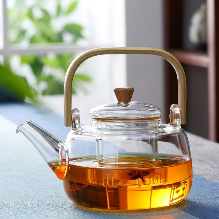 Elegant Glass Tea Kettle with Wooden Handle