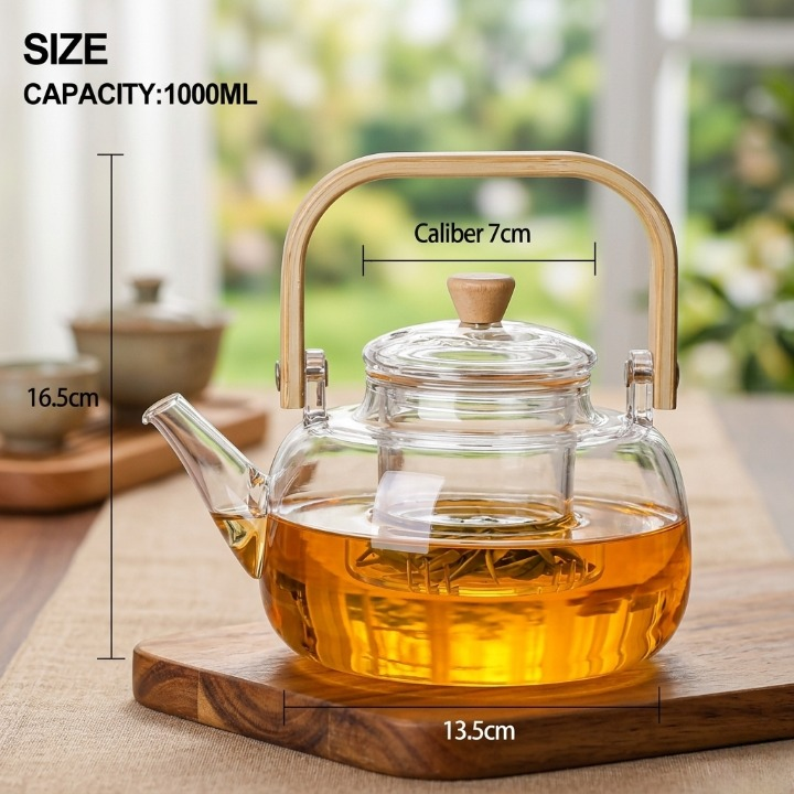 Elegant Glass Tea Kettle with Wooden Handle