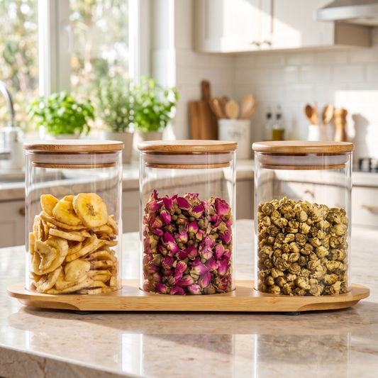 3PCs Glass Jar Set With Wooden Lid & Stand