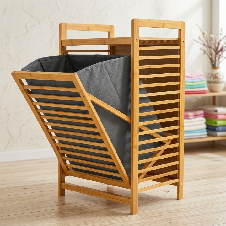 Laundry Basket with Wooden Storage Shelf