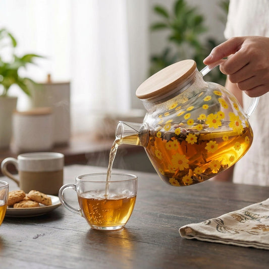 Elegant Floral Glass Kettle With Wooden Lid