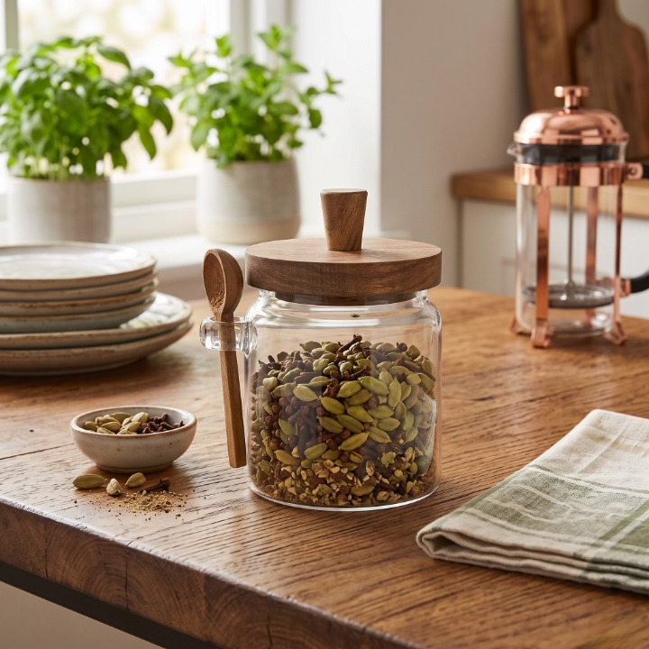 Elegant Glass Storage Jar With Wooden Lid & Spoon