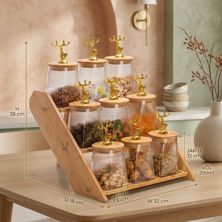 9-Jar Glass Spice Wooden Rack with Deer LId