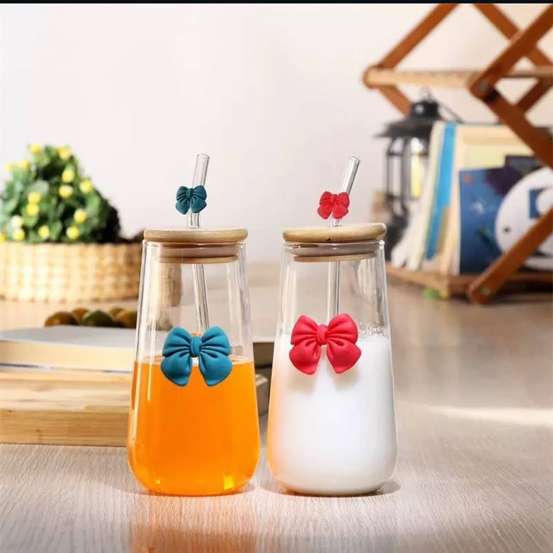 Glass Bow Straw Smoothie Bamboo Lid Cup