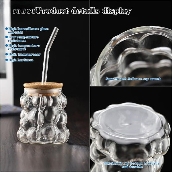 Bubble Glass Cup With Bamboo Lid & Straw