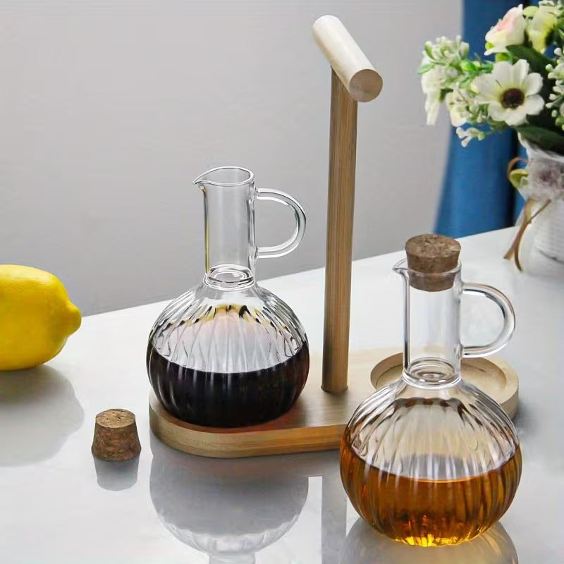 Elegant Glass Oil Dispenser with Wooden Stand